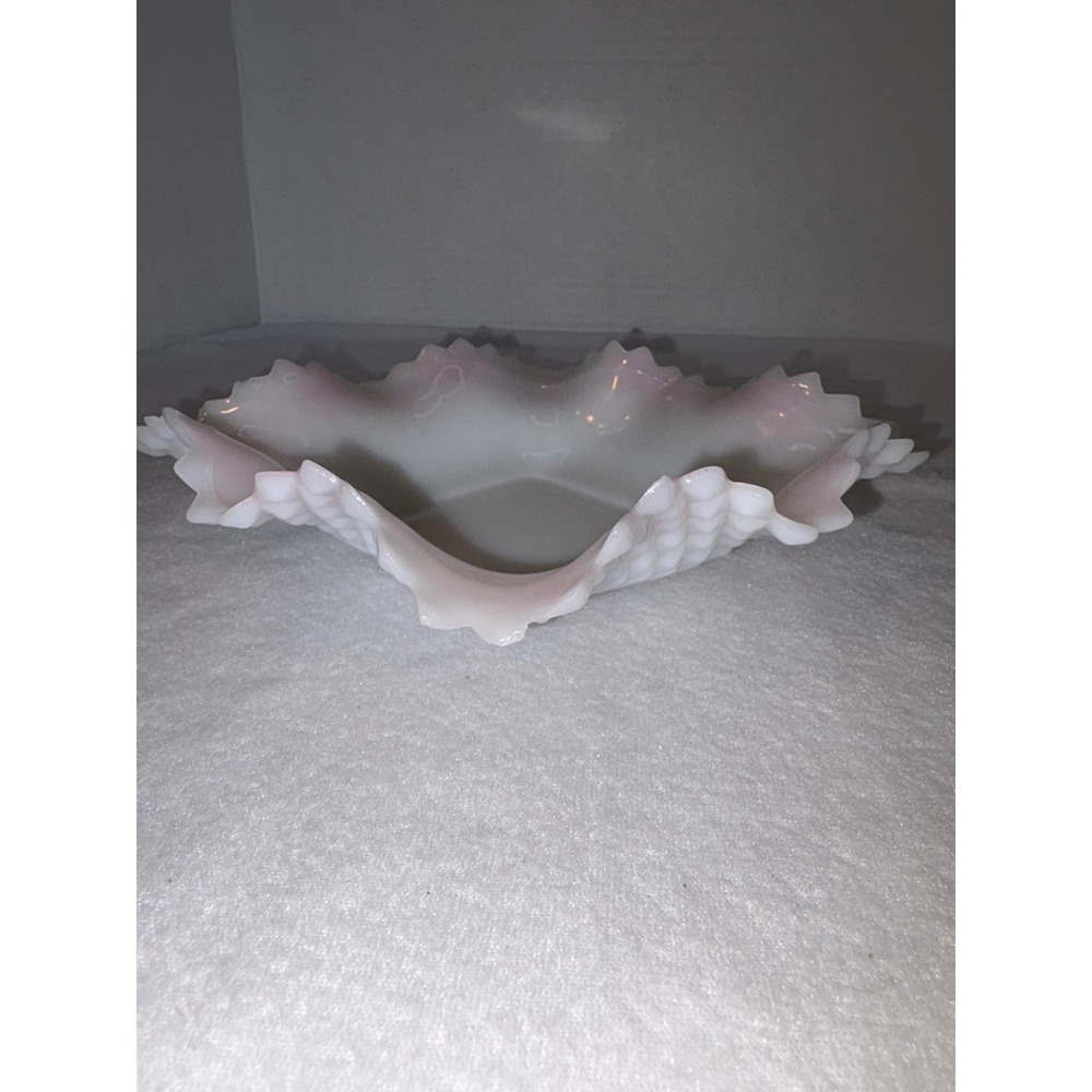 Fenton Pink Crest Hobnail Milk Glass Square Ruffled Bowl Vintage Sawtooth Edge - Picture 4 of 8